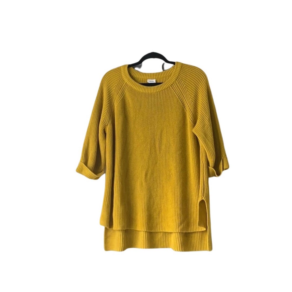 Women's yellow-mustard-knit-high low hem- sweater Sz Large - Picture 1 of 6